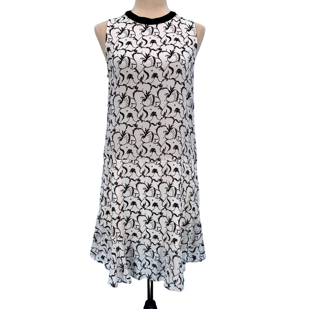 A.L.C. Womens White Black Heart Scroll Print 100% Silk Drop Waist Dress Size 6